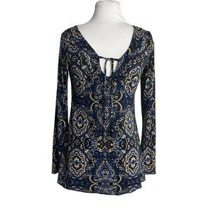 VTG ing Pullover Top Shirt Blouse Womens Size Medium Blue Paisley Stretch